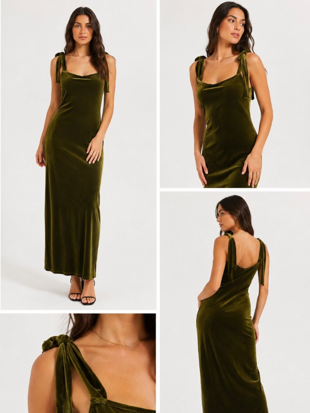 SHEIN Olive Green Velvet Tie Strap Midi Dress Size Small Minimalist Slip Dress